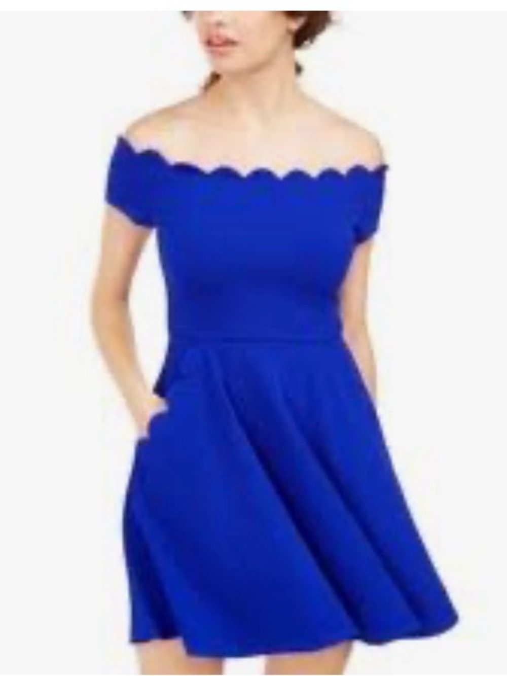 Scallop Off-Shoulder Fit-and-Flare Dress in Cobalt Blue